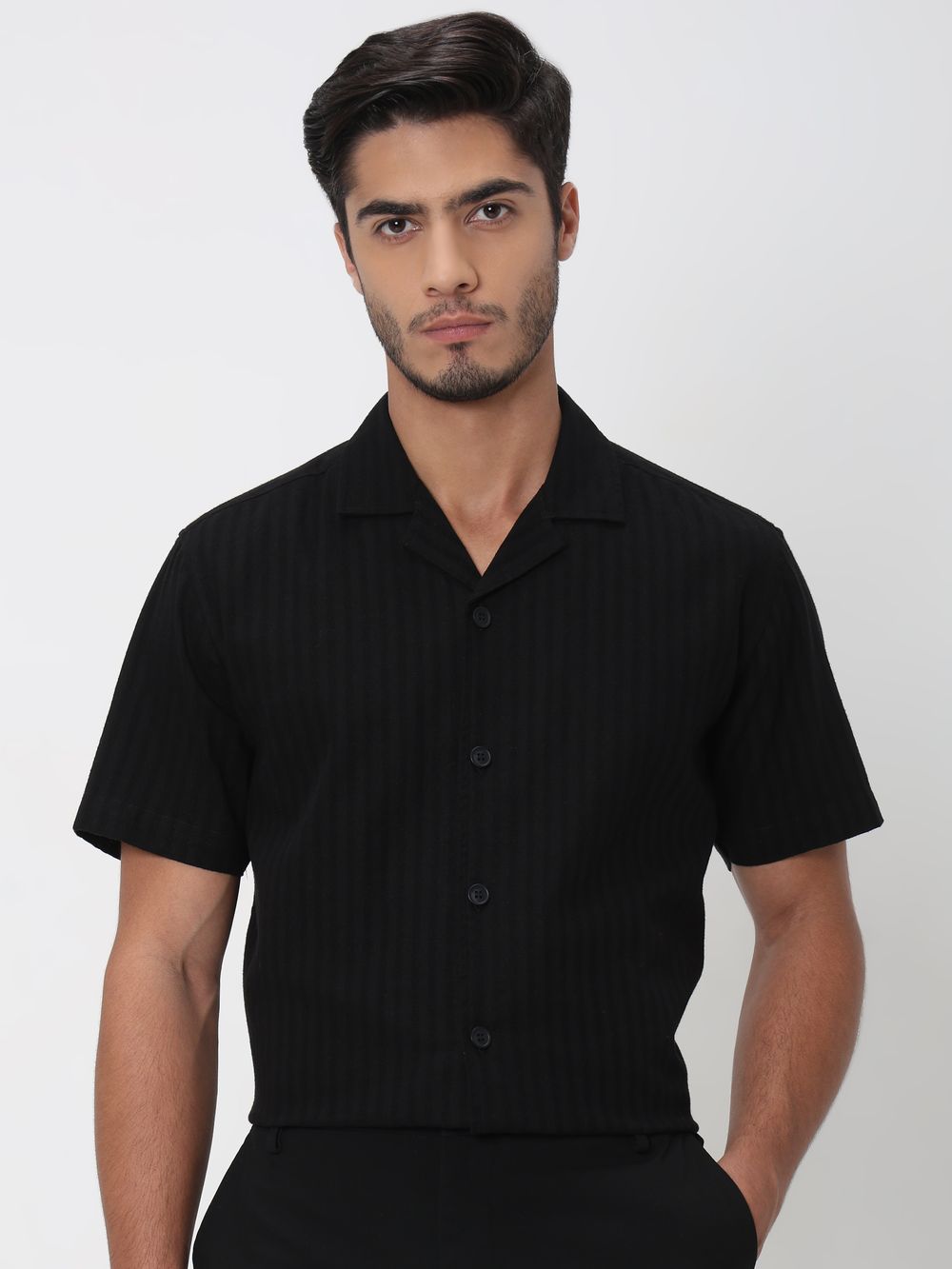 Black Self-Stripe Plain Relaxed Fit Casual Shirt