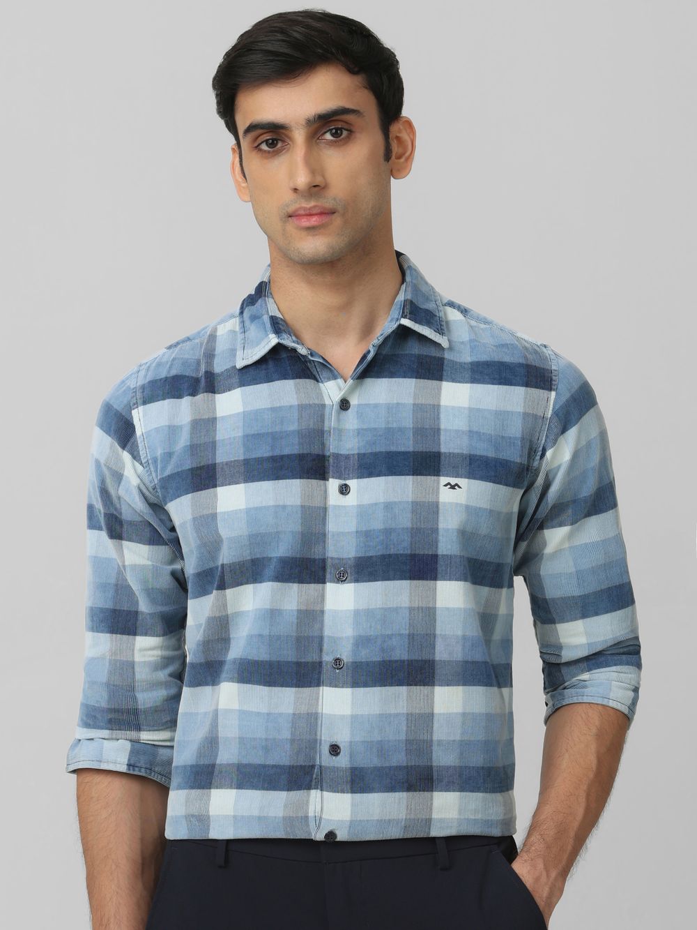 Indigo Blue Corduroy Check Slim Fit Casual Shirt