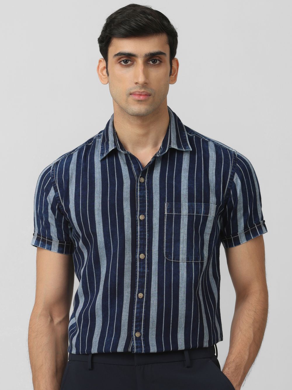 Dark Indigo Blue Denim Stripe Slim Fit Casual Shirt