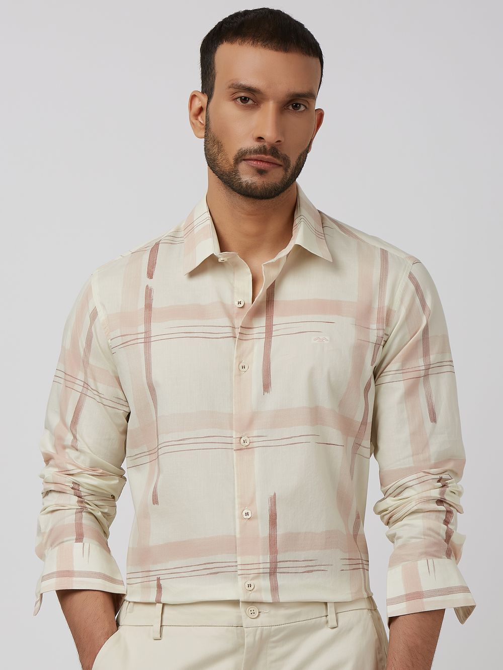 Off White Printed Check Slim Fit Casual Shirt