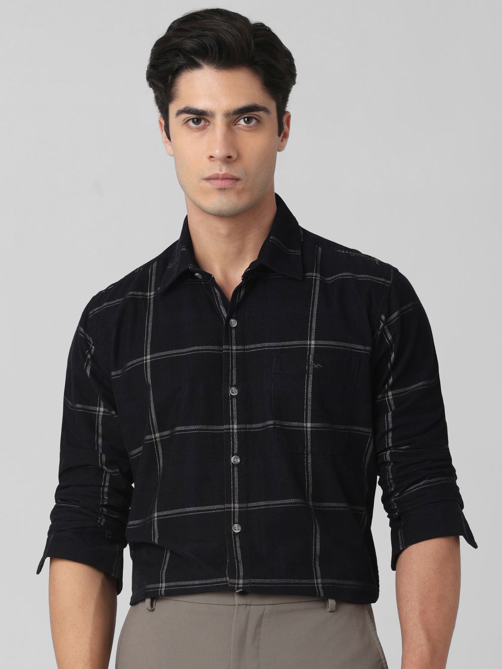 Black Corduroy Check Slim Fit Casual Shirt