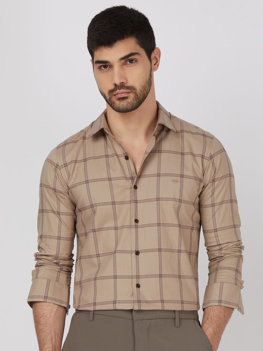 Khaki Windowpane Check Slim Fit Casual Shirt