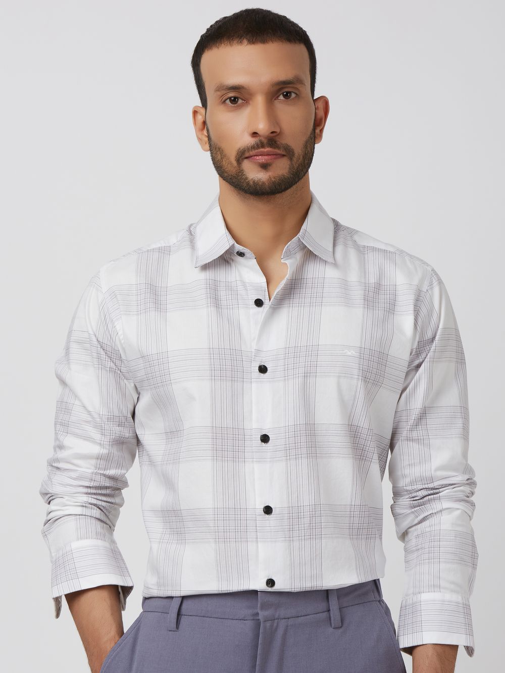 White Large Check Slim Fit Casual Shirt