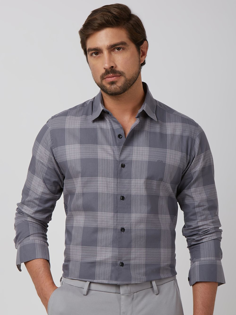 Grey Large Check Slim Fit Casual Shirt