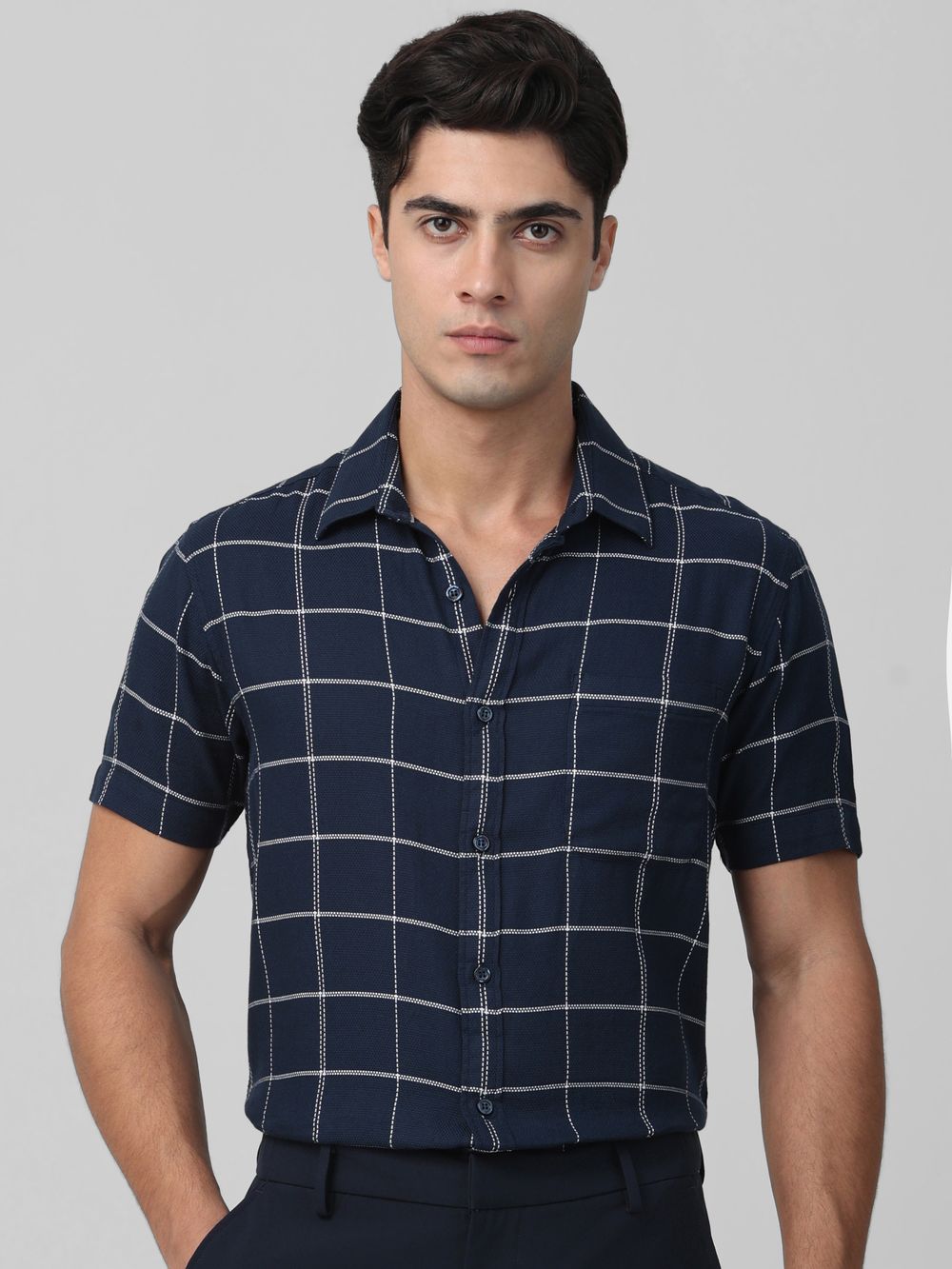 Navy Windowpane Check Slim Fit Casual Shirt