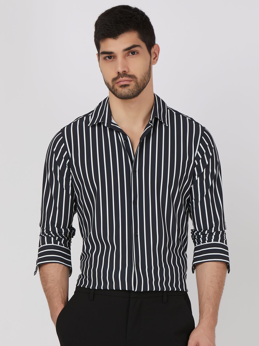 Black Bengal Stripe Stretch Slim Fit Casual Shirt