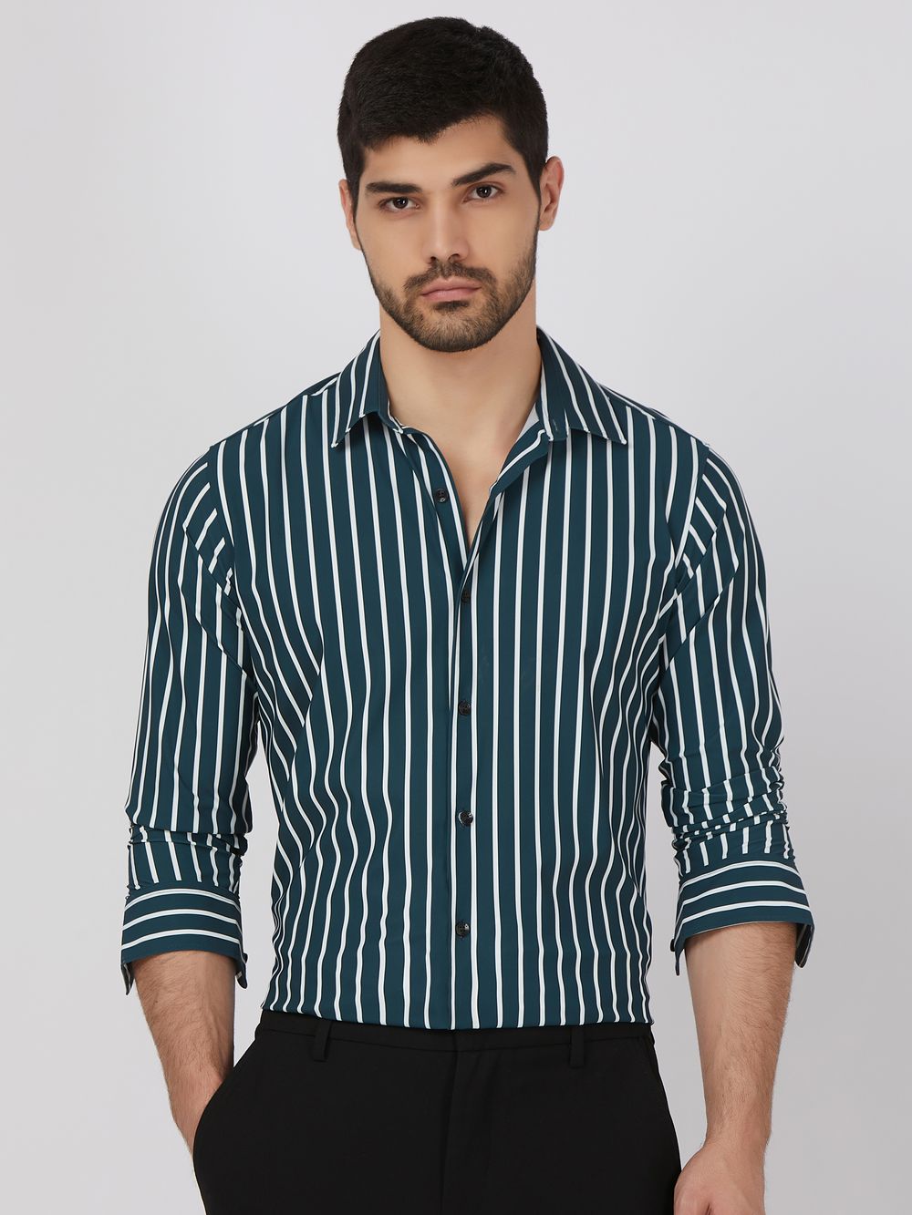 Dark Green Bengal Stripe Stretch Slim Fit Casual Shirt