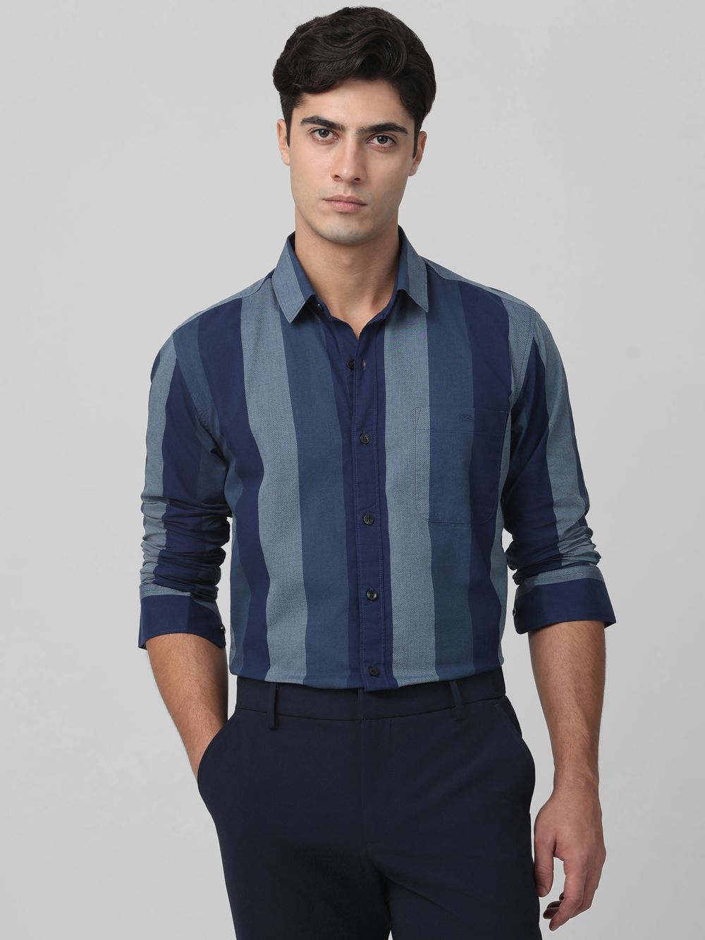 Navy Broad Stripe Slim Fit Casual Shirt