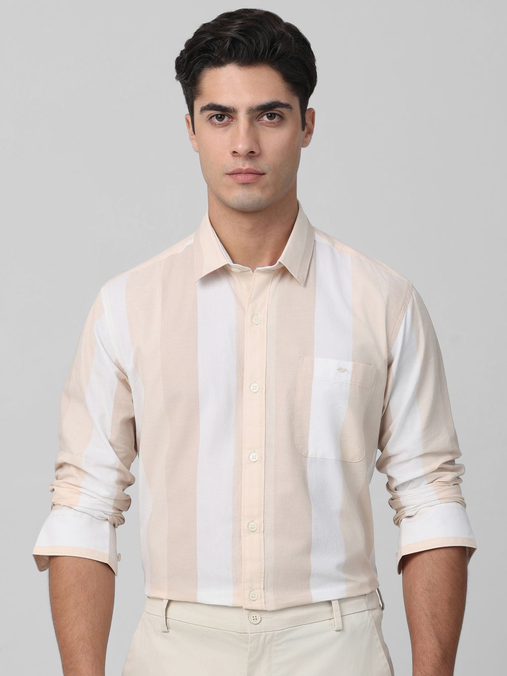 Beige Broad Stripe Slim Fit Casual Shirt