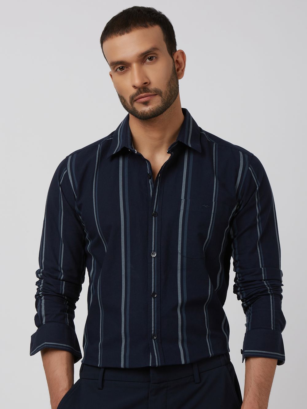 Navy Wide Stripe Slim Fit Casual Shirt