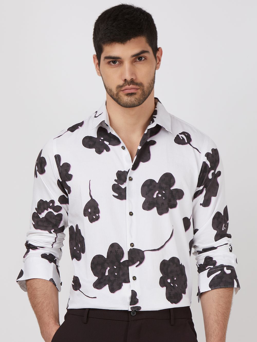 White Floral Print Slim Fit Casual Shirt