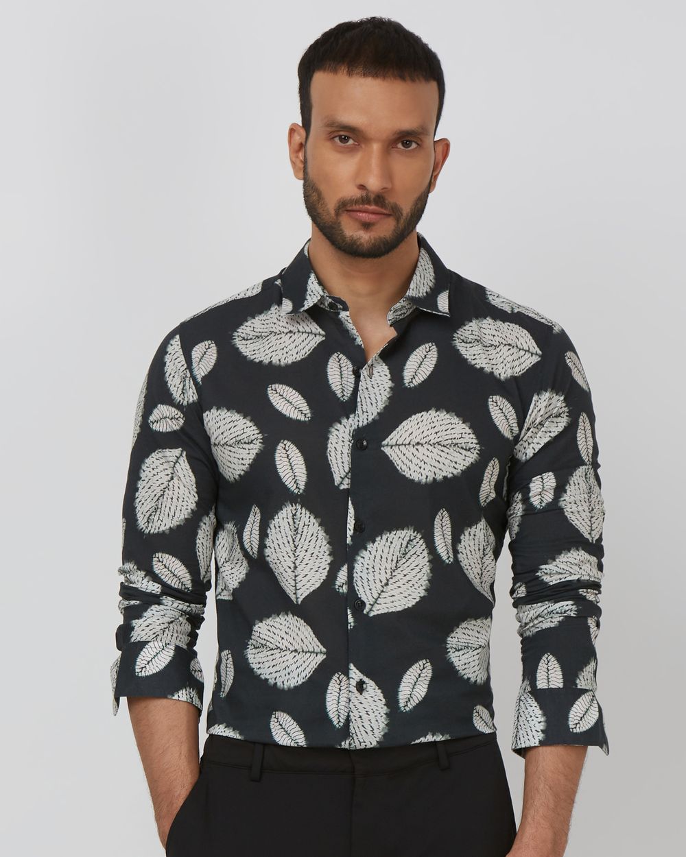 Dark Green Leaf Print Slim Fit Casual Shirt