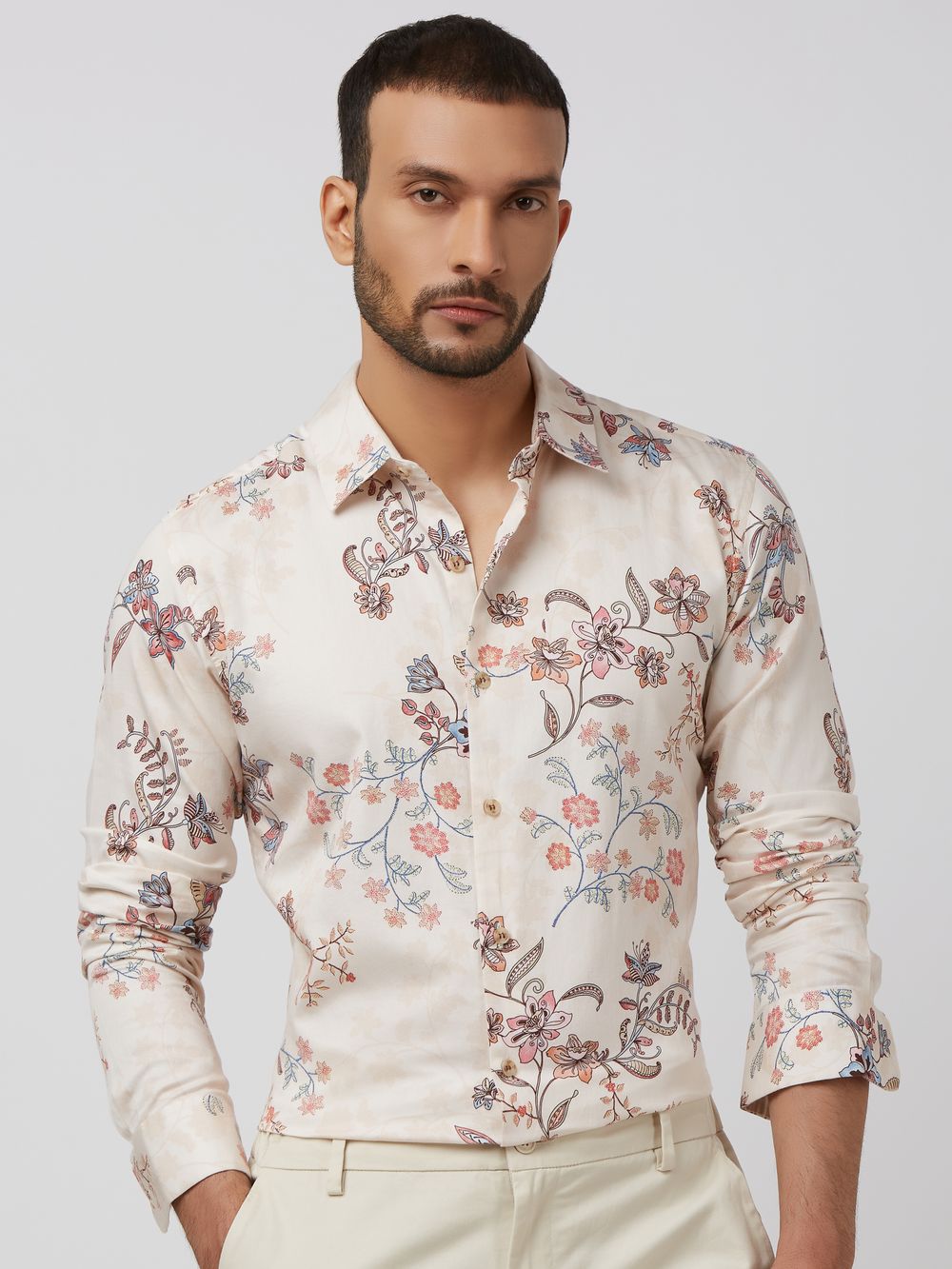 Beige Floral Print Slim Fit Casual Shirt