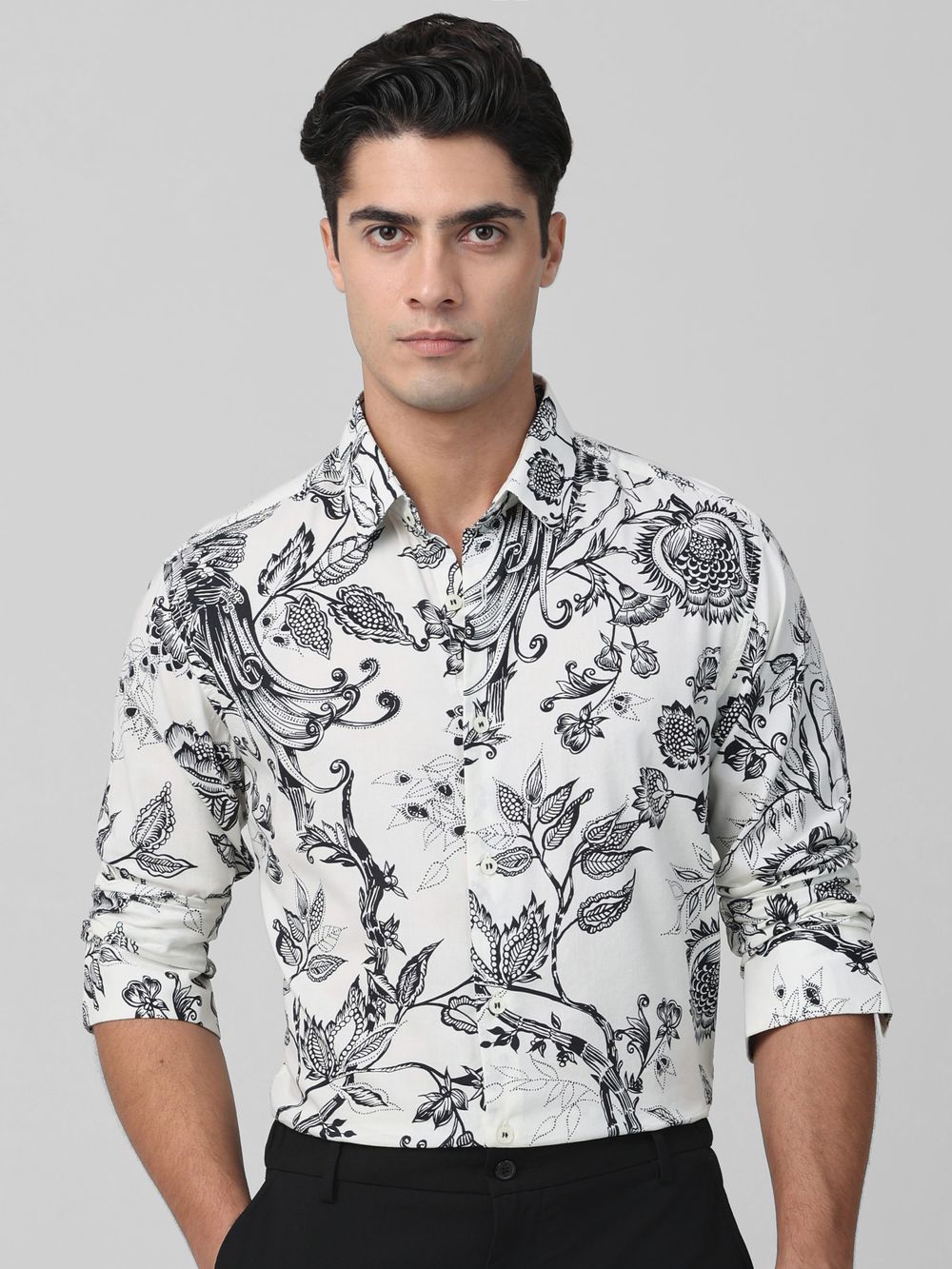 White Leaf Print Slim Fit Casual Shirt