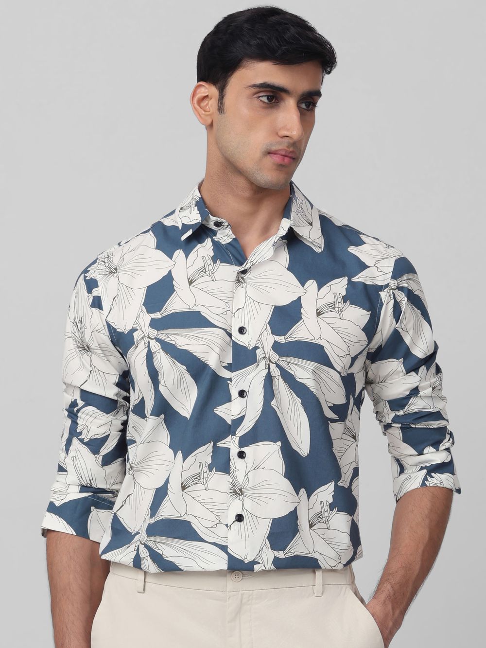 Teal Floral Print Slim Fit Casual Shirt