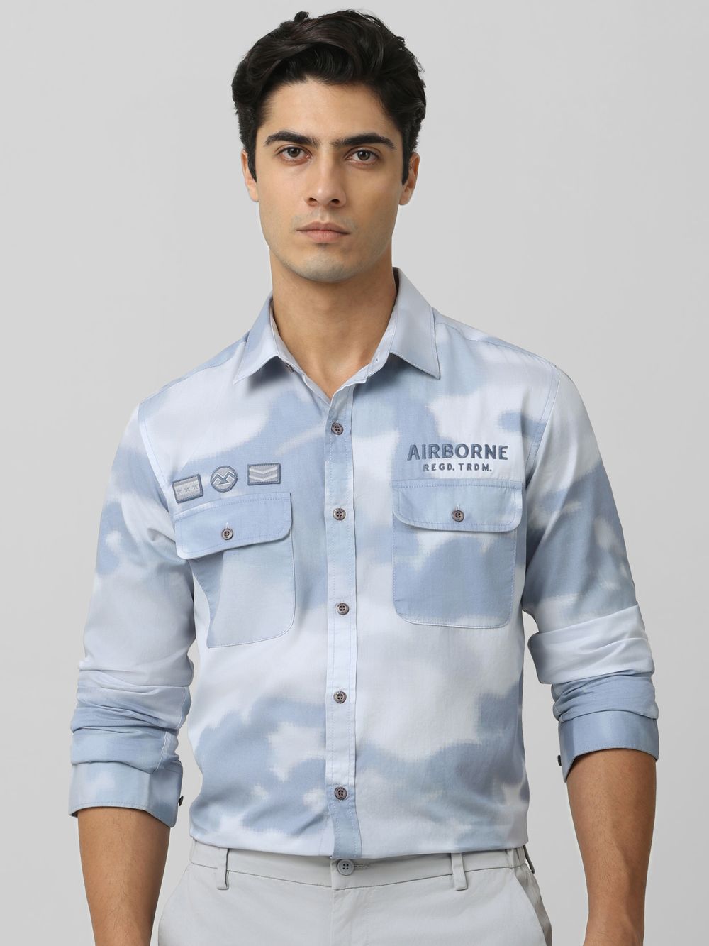 Grey Badged Print Slim Fit Casual Shirt