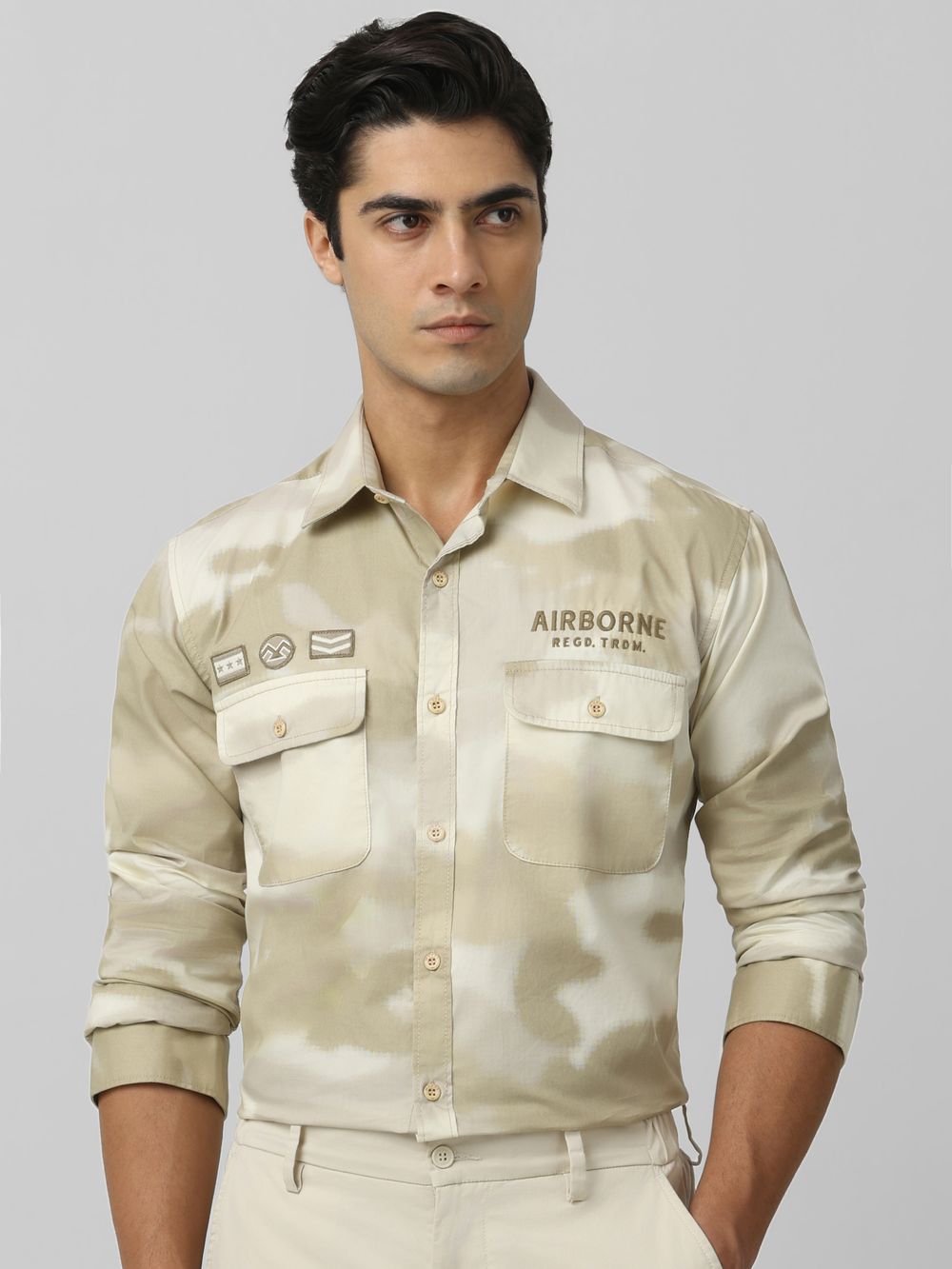 Beige Badged Print Slim Fit Casual Shirt