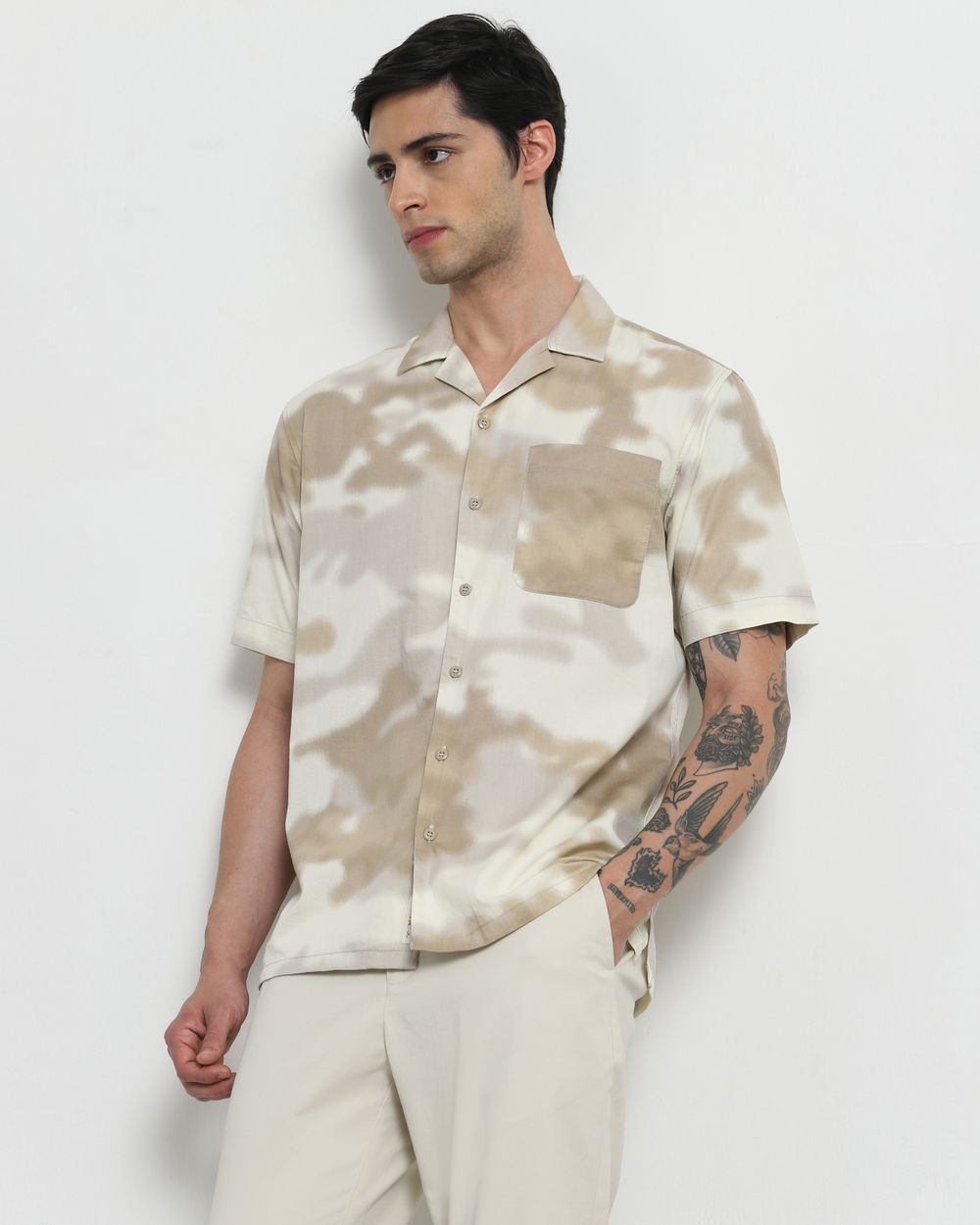 Beige Cloud Print Slim Fit Casual Shirt