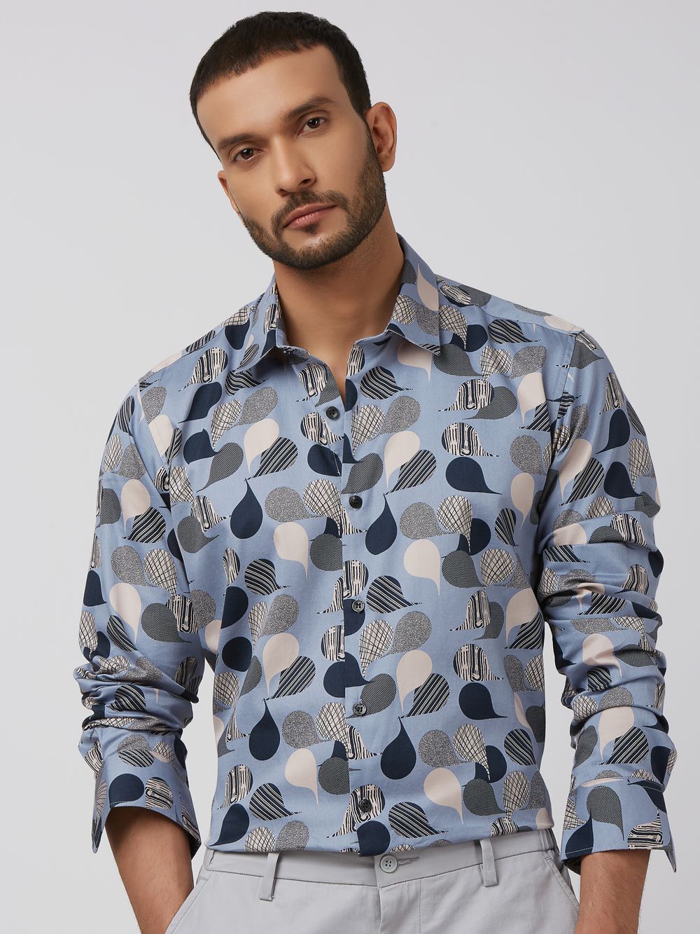 Blue Abstract Print Slim Fit Casual Shirt