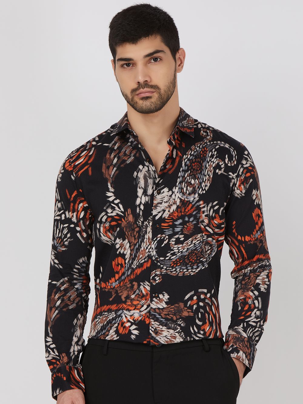 Black Digital Print Slim Fit Casual Shirt