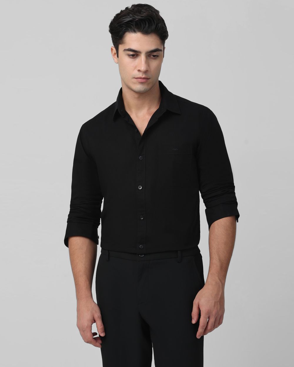 Black Cotton Linen Plain Slim Fit Casual Shirt