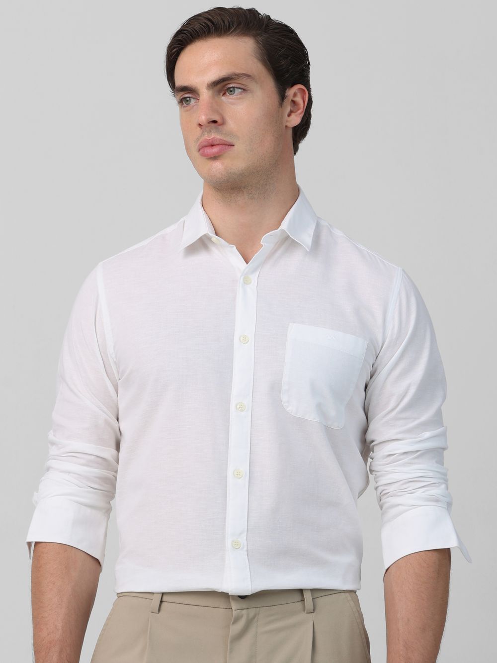 White Cotton Linen Plain Slim Fit Casual Shirt