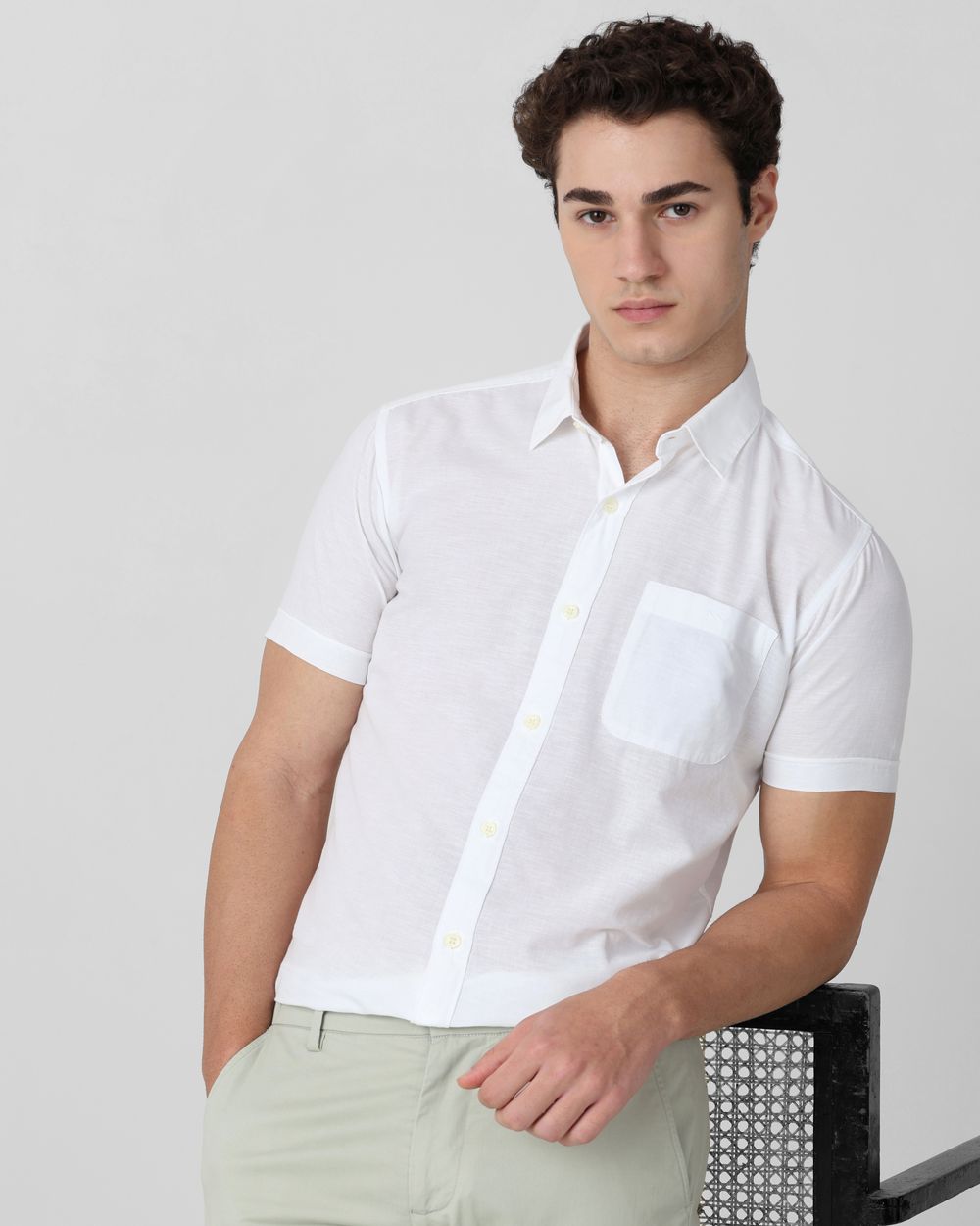 White Cotton Linen Plain Slim Fit Casual Shirt