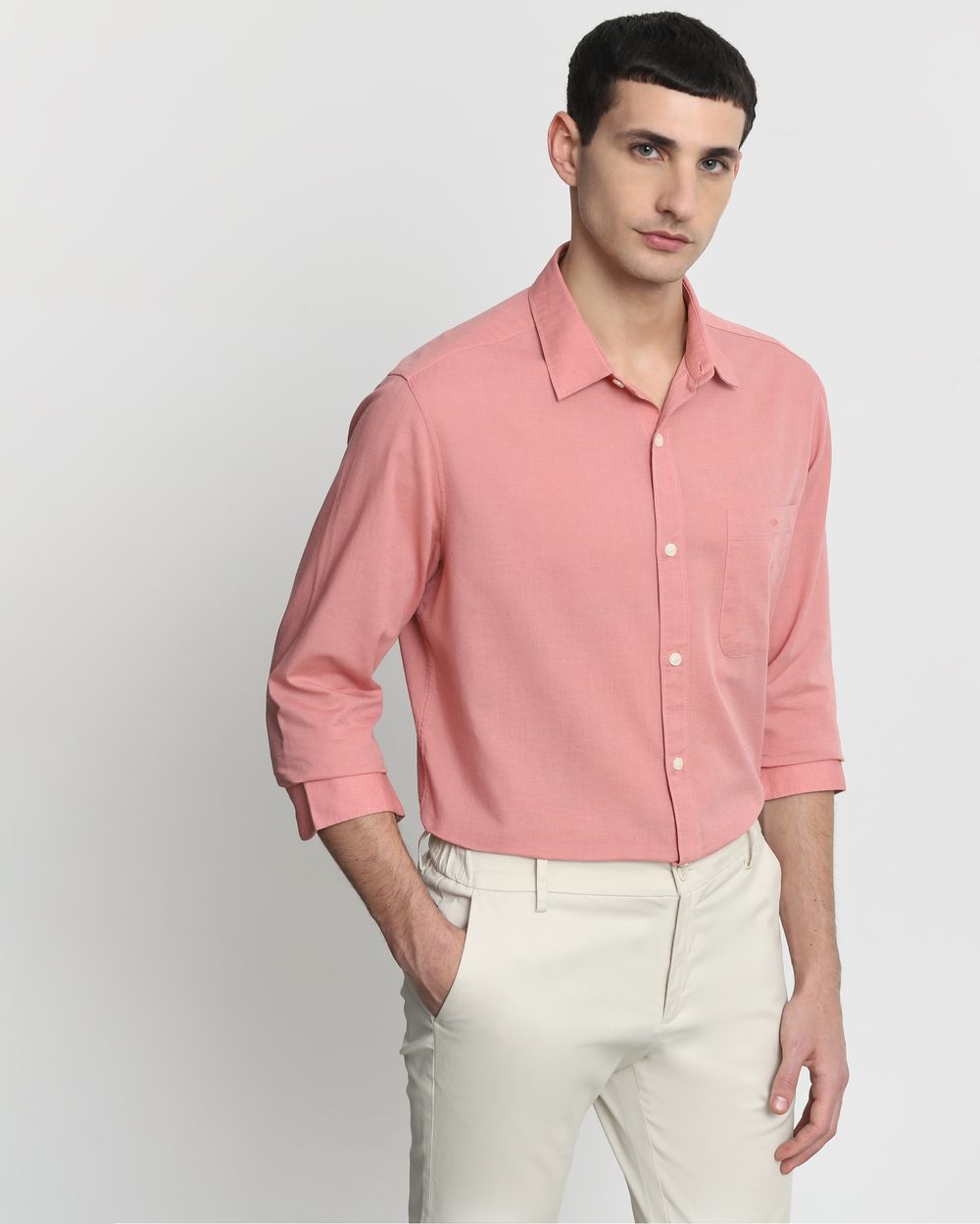 Pink Cotton Linen Plain Slim Fit Casual Shirt