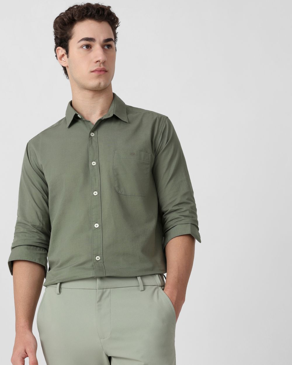 Light Olive Cotton Linen Plain Slim Fit Casual Shirt