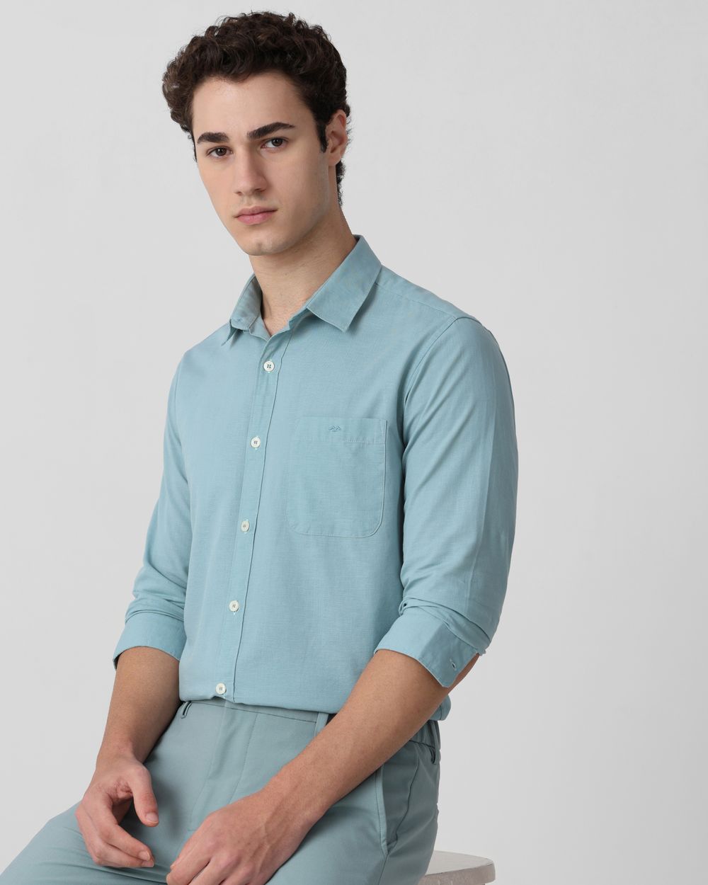 Turq Cotton Linen Plain Slim Fit Casual Shirt