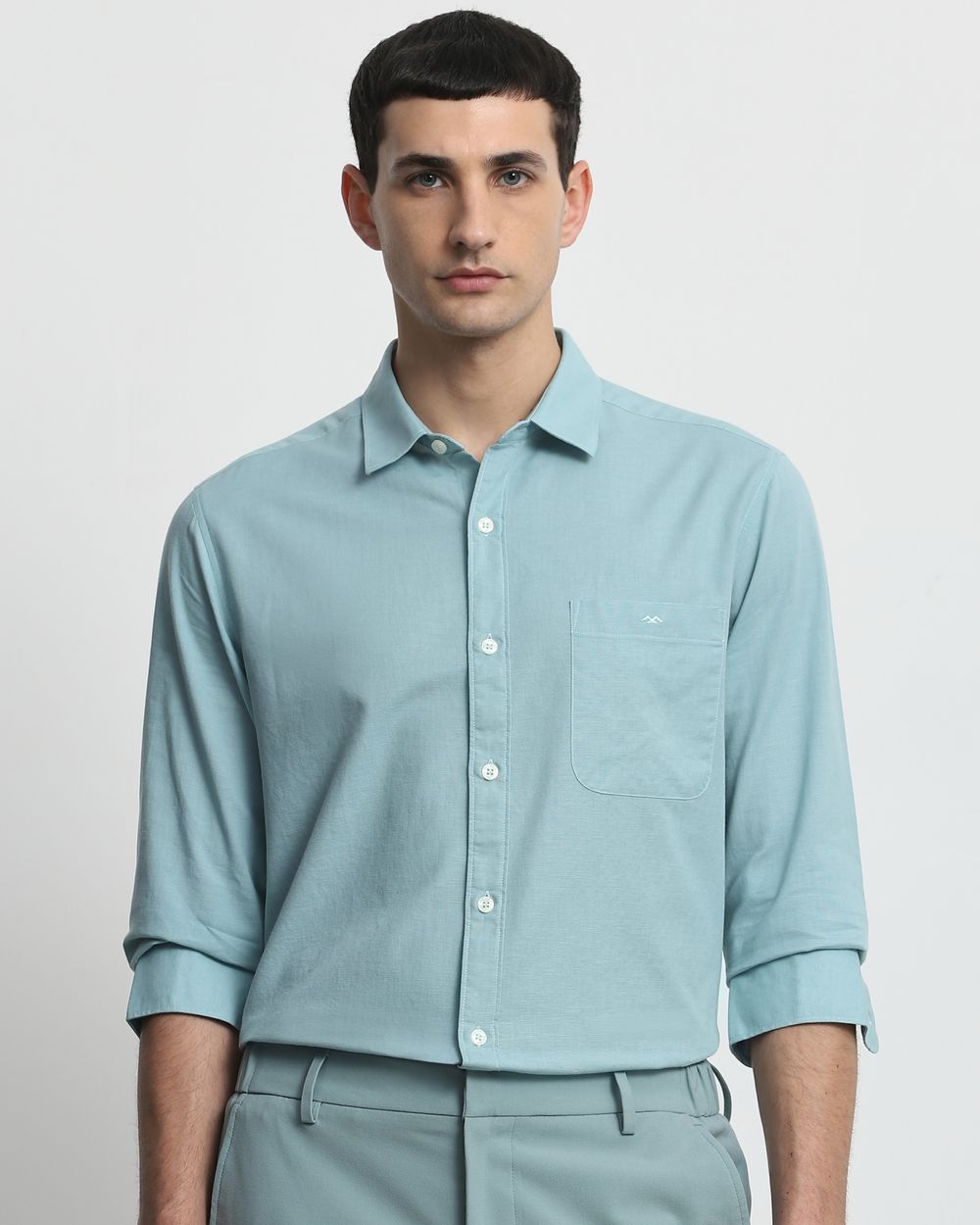 Turquoise Cotton Linen Plain Slim Fit Casual Shirt