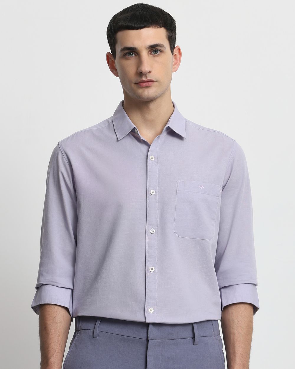 Lilac Cotton Linen Plain Slim Fit Casual Shirt