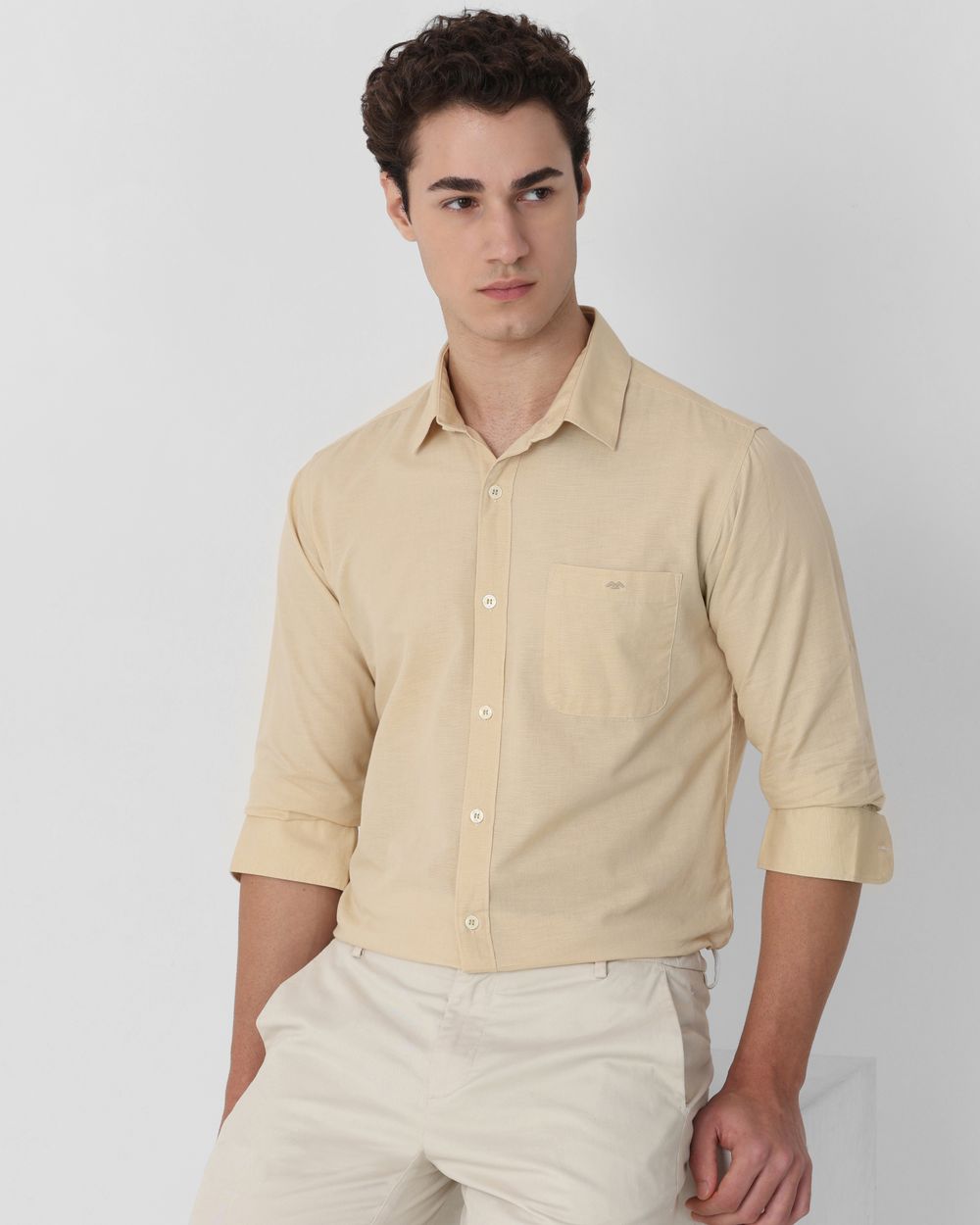 Beige Cotton Linen Plain Slim Fit Casual Shirt