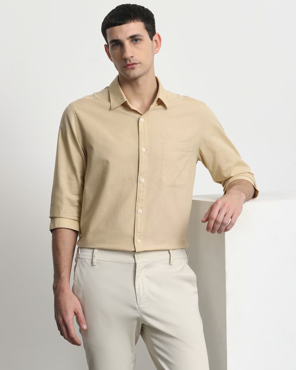 Beige Cotton Linen Plain Slim Fit Casual Shirt