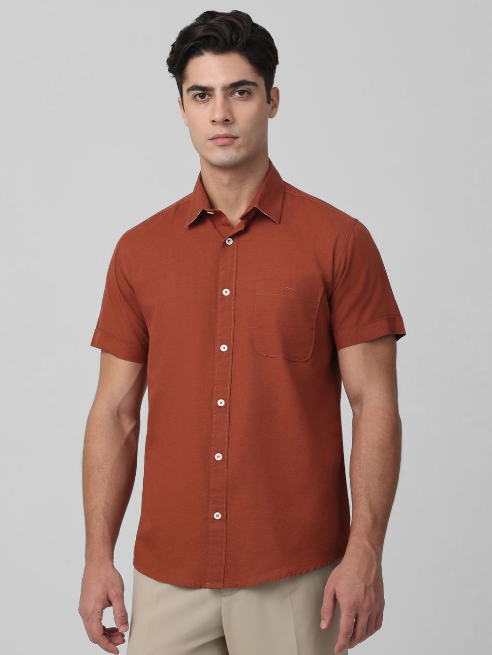 Rust Cotton Linen Plain Slim Fit Casual Shirt