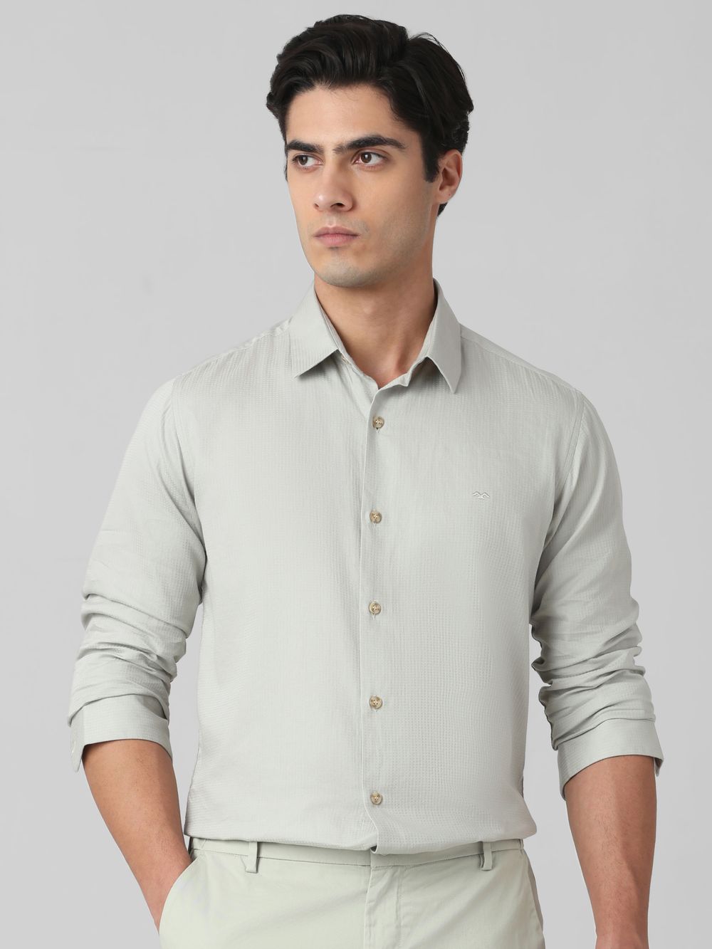 Grey Textured Plain Slim Fit Casual Shirt