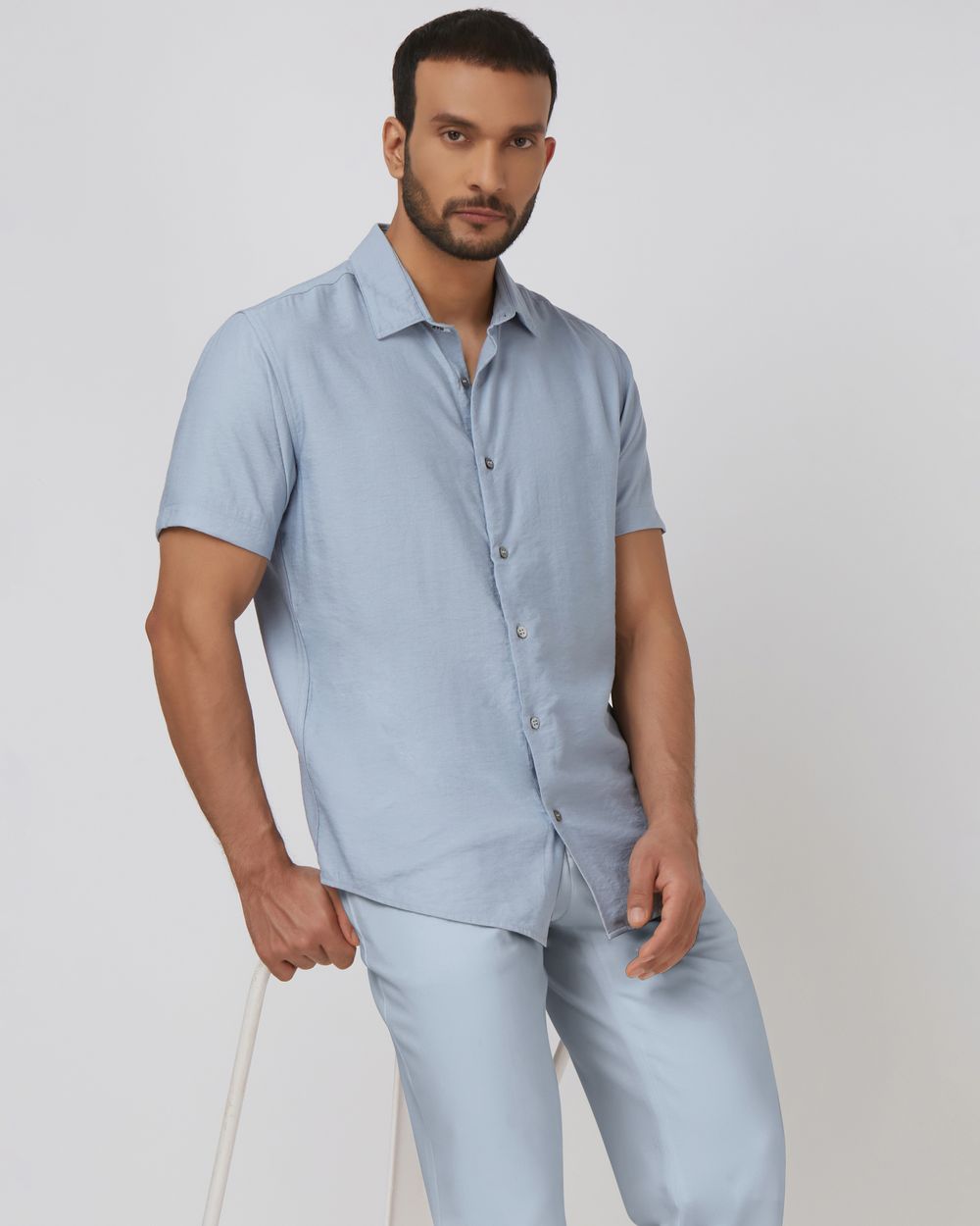 Light Blue Textured Plain Slim Fit Casual Shirt