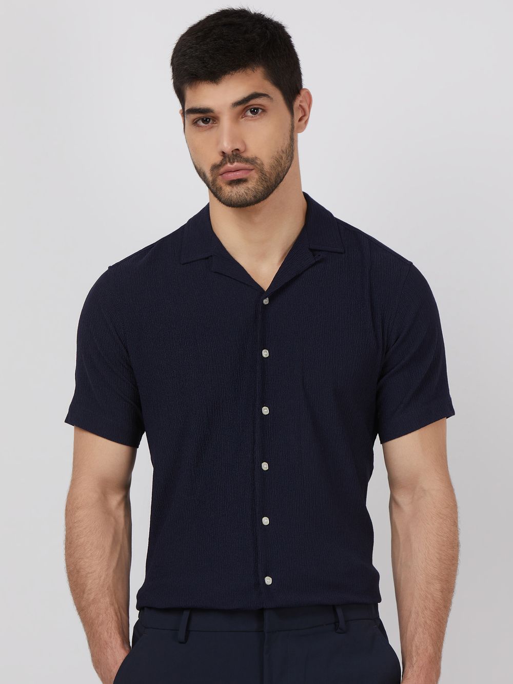 Navy Textured Plain Relaxed Fit Casual Shirt