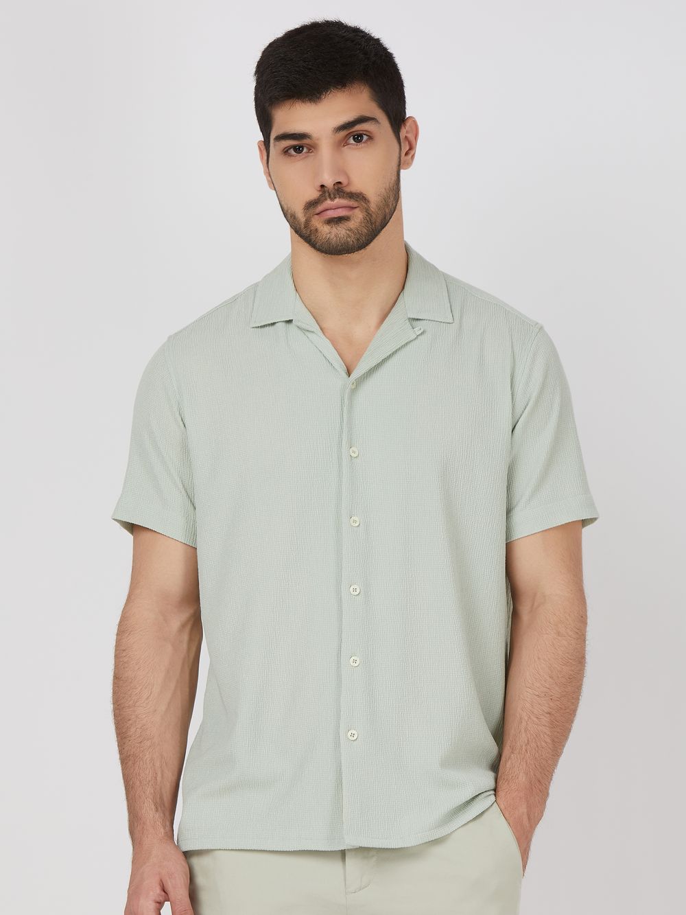 Light Green Textured Plain Relaxed Fit Casual Shirt