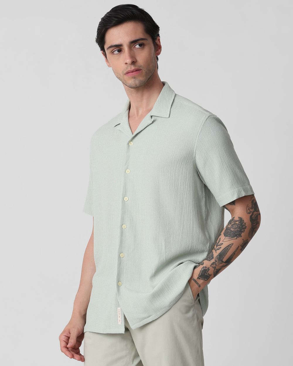 Light Green Textured Plain Relaxed Fit Casual Shirt