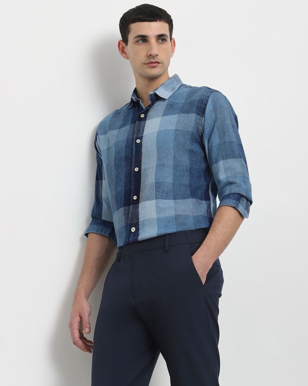 Mid Blue Denim Check Slim Fit Casual Shirt