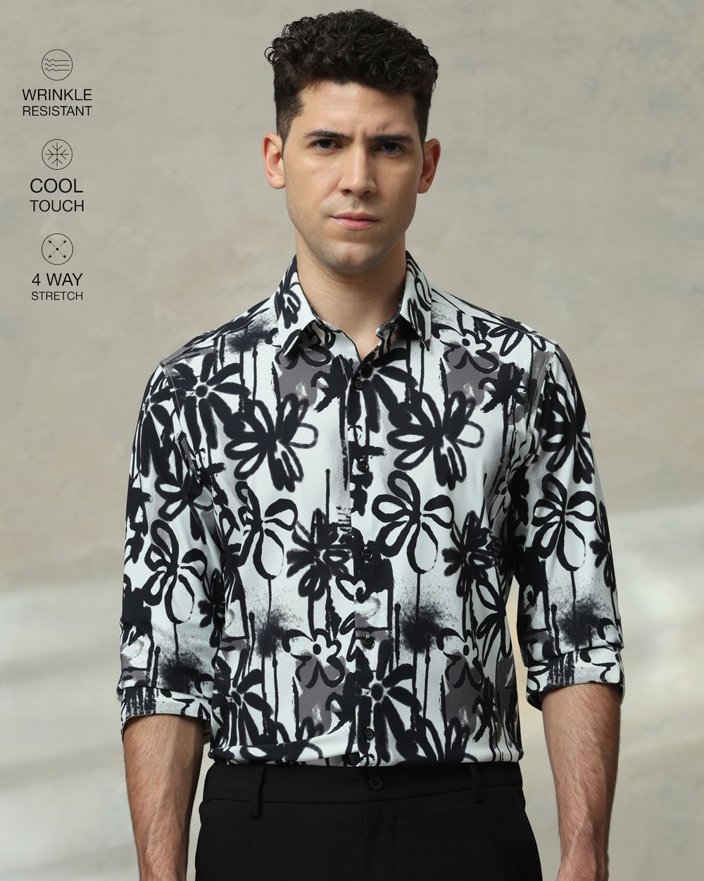 Black Scuba Print Stretch Slim Fit Casual Shirt