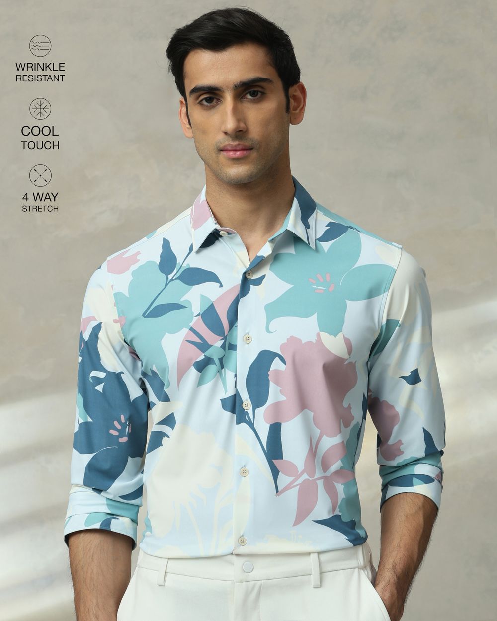 Light Blue Scuba Print Stretch Slim Fit Casual Shirt