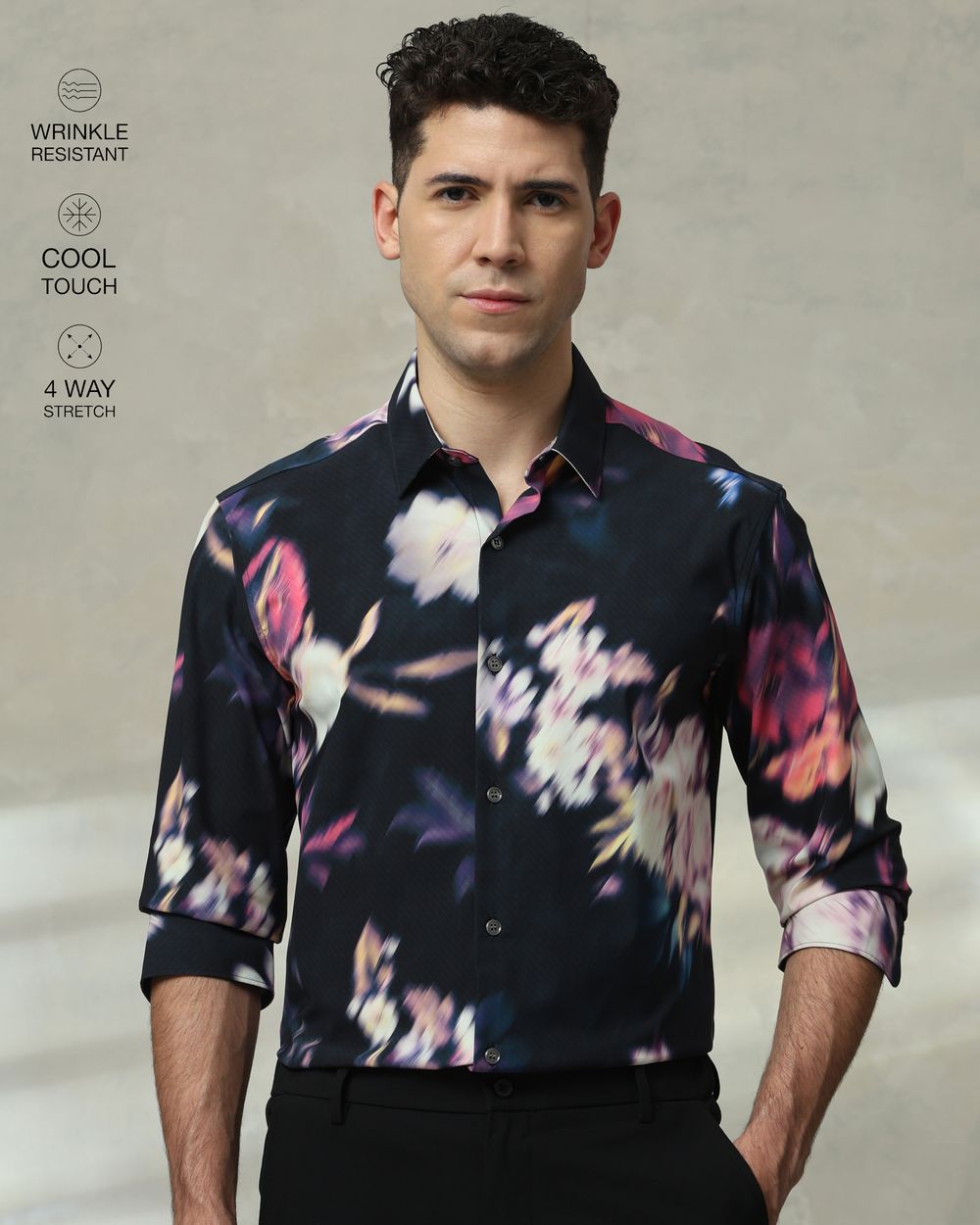 Black Scuba Print Stretch Slim Fit Casual Shirt