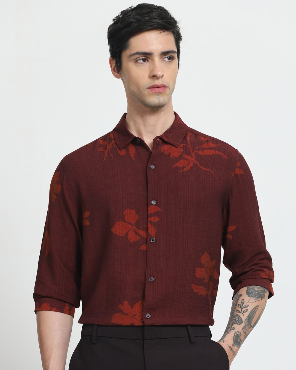 Maroon Floral Print Slim Fit Casual Shirt