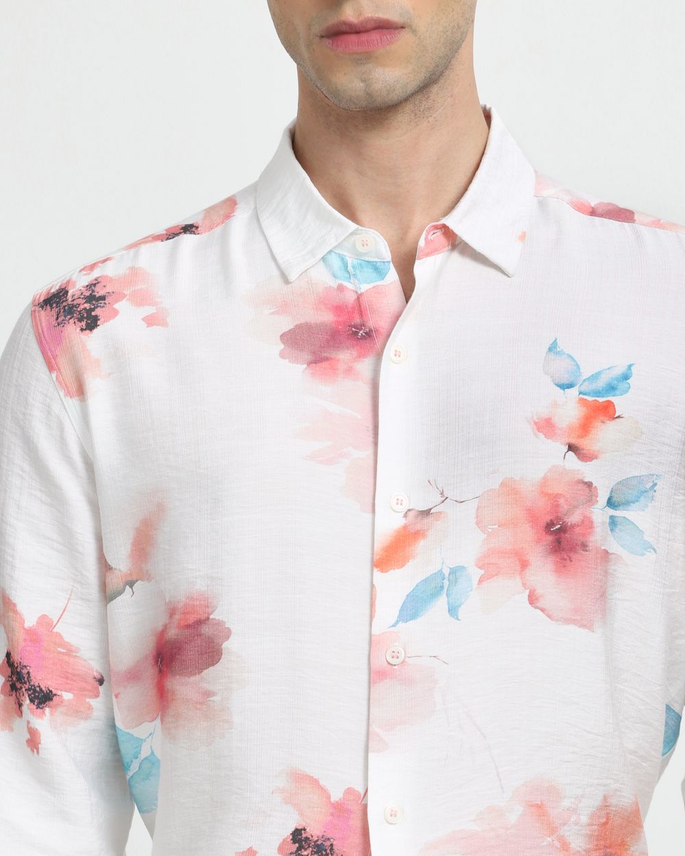 White Floral Print Slim Fit Casual Shirt