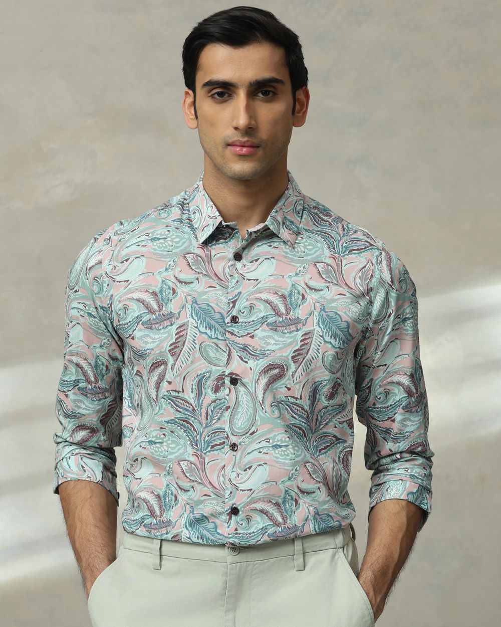 Multicolour Leaf Print Slim Fit Casual Shirt