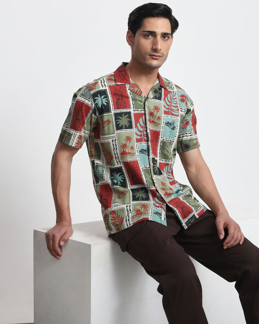 Olive Resort Print Relaxed Fit Casual Shirt