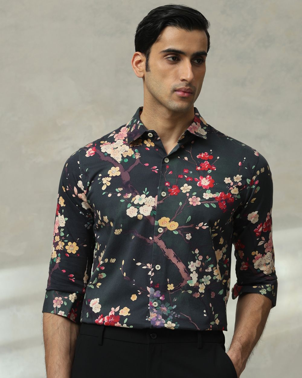 Dark Green Floral Print Slim Fit Casual Shirt