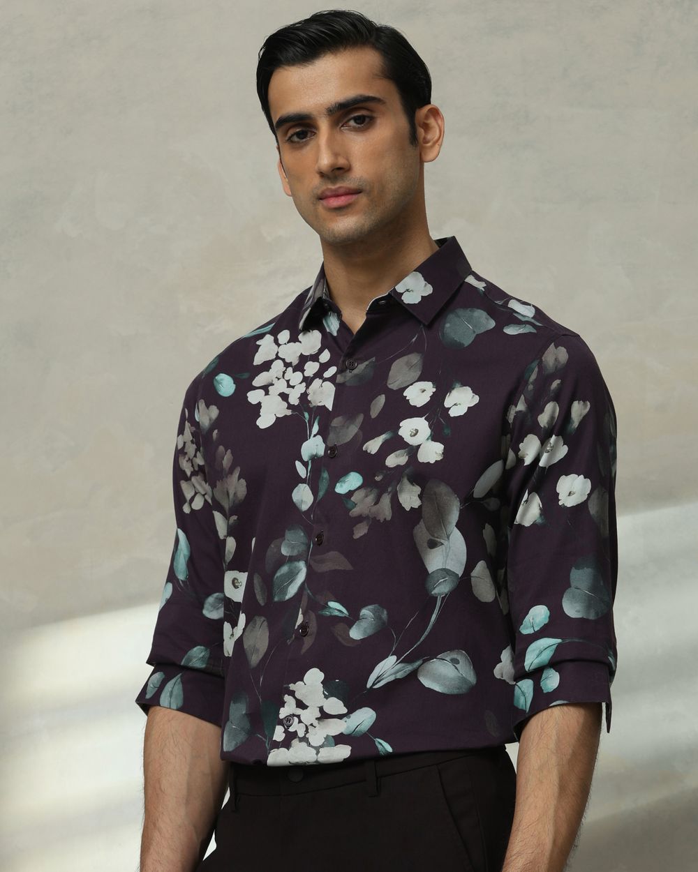 Maroon Floral Print Slim Fit Casual Shirt
